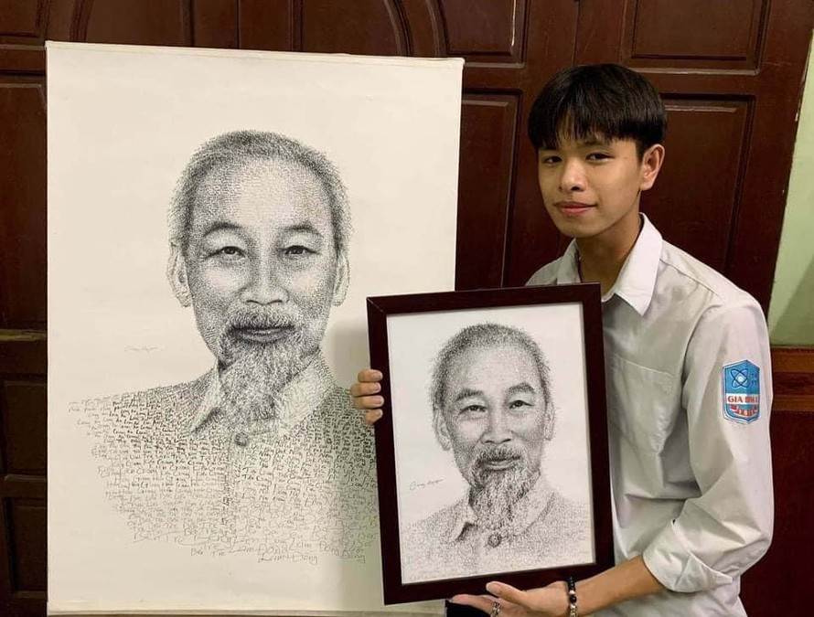 Nam sinh quê Bắc Ninh vẽ chân dung Bác Hồ bằng tên 63 tỉnh thành